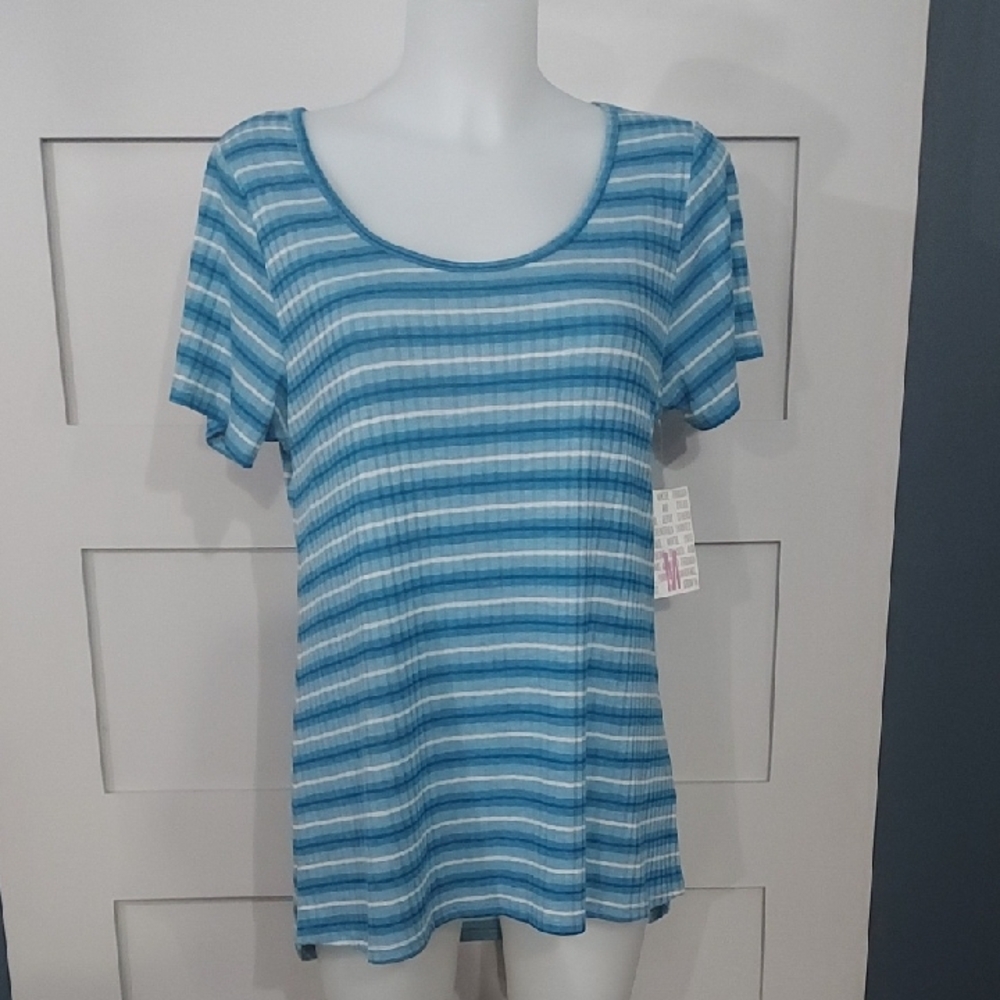 LuLaRoe Blue and White Striped Short Sleeve Tee